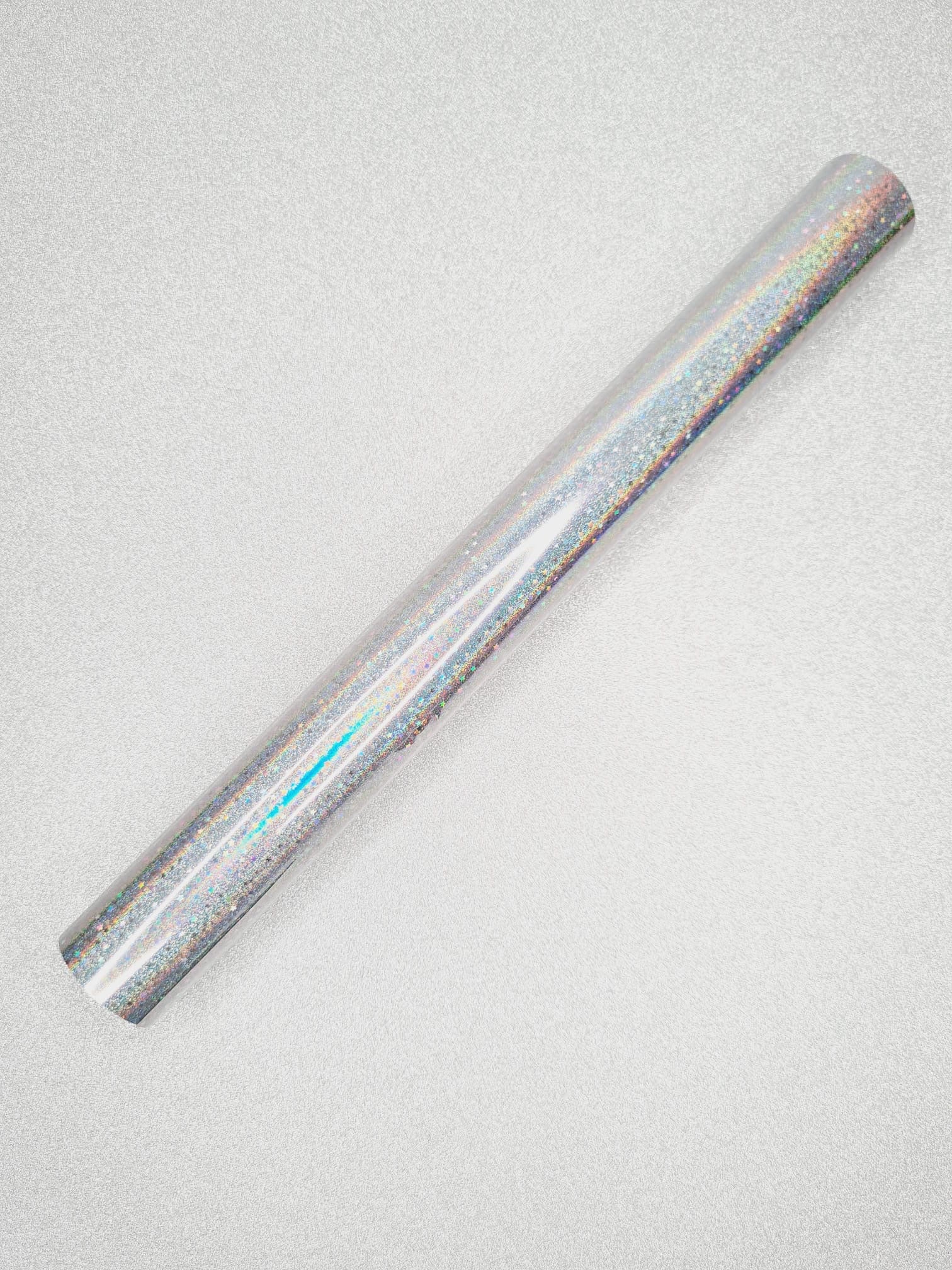 Roll of holographic vinyl on a light gray background