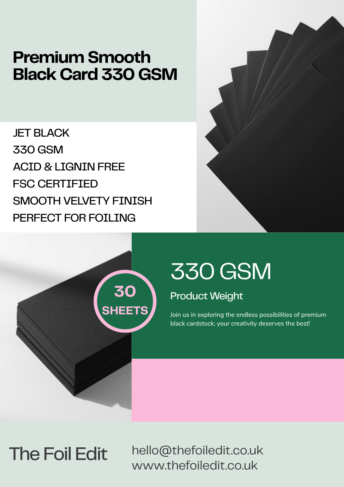 Upgrade your creative projects with our&nbsp;premium smooth black card stock, designed for makers, designers, and small businesses who want a bold, professional finish. This high quality black card stock has a rich, deep black tone and a smooth velvety surface, making it ideal for&nbsp;foiling, card making, invitations, paper crafts, and luxury handmade products.